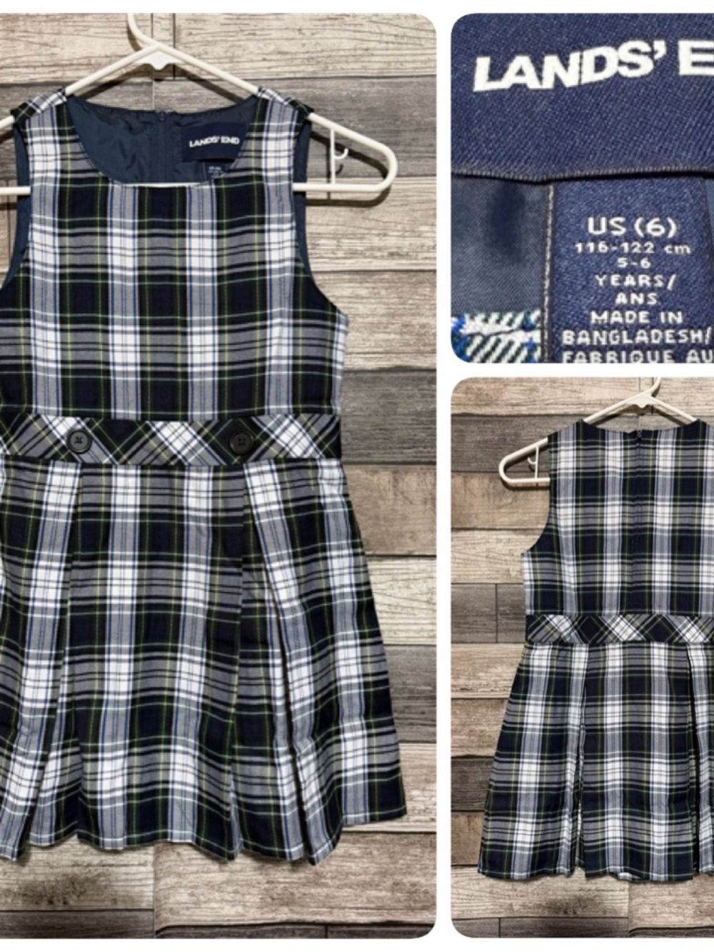 Lands' End Uniform Plaid Jumper Dress Blue Sleeveless Pleated Girls Size 6